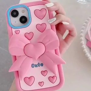 کاور سیلیکونی پاپیونی برجسته صورتی رنگ مناسب برای گوشی آیفون